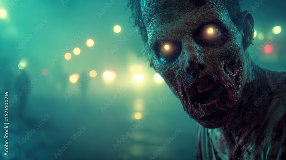 Fototapeta premium Close-up of zombie human with decaying skin and glowing eyes in a dark, foggy abandoned city street