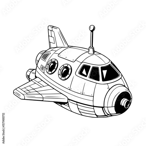 Detailed black and white illustration of a futuristic spaceship.