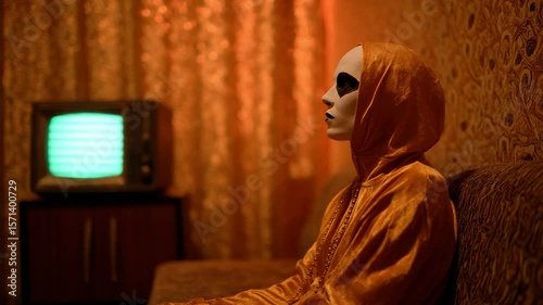 Mysterious figure in an orange hooded outfit sits quietly in vintage room with green television display