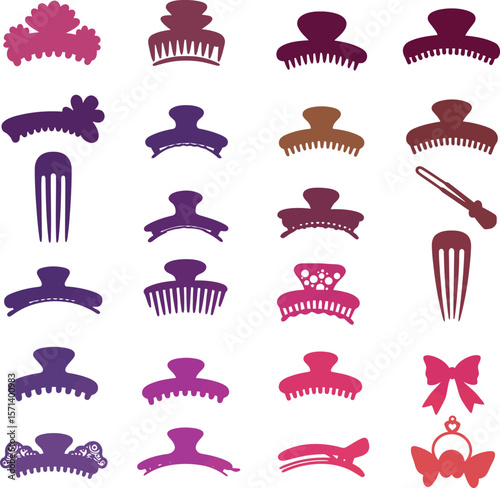 Hair Clips and Accessories Silhouette Vector Icon Set. Fashionable Hairpins, Claws, & Barrettes for Beauty, Style, and Hair Care Designs.