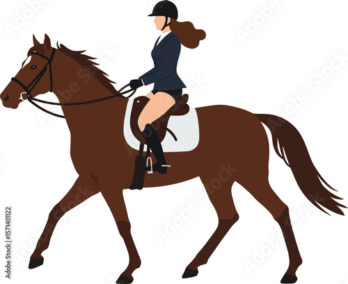 Equestrian woman riding brown horse in black outfit with helmet and boots outdoor activity