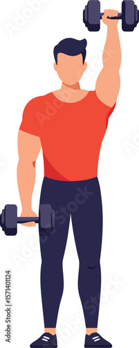 Man lifting dumbbell with one arm wearing red shirt and dark pants fitness exercise illustration