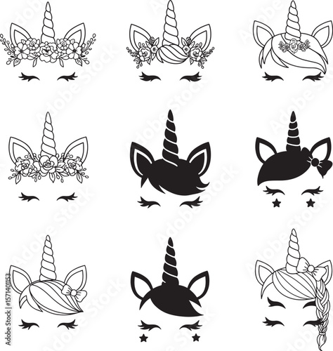 Unicorn horn with ears and eyelashes vector illustration  