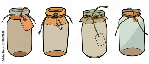 A Set of Mason Jars with Burlap Wrap and Tags Hanging from Jute String

