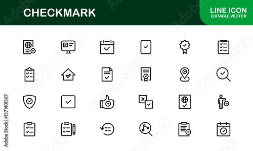 Checkmark Modern Line Icon Pack. Minimal, clean, and professional outline symbols perfect for verification, tasks, and approval-related themes.