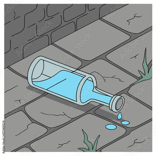 A glass bottle filled with blue liquid lies on its side on a cracked stone pavement with a few drops spilling out