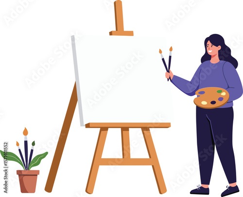 Woman artist painting on blank canvas with palette and brushes in creative studio space
