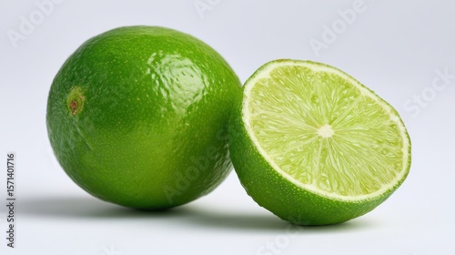 Fresh whole lime with smooth vibrant green skin and sliced wedge revealing juicy pale green flesh on pure white seamless studio background