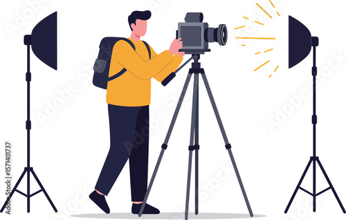 Photographer setting up professional camera with studio lighting and tripod for photo shoot session
