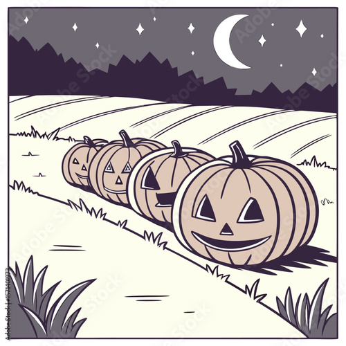 Row of jack o lanterns in a field under a moonlit starry sky with mountains in the background art
