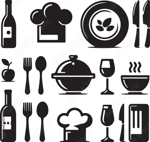 Black and white restaurant icons set for food and drink.
