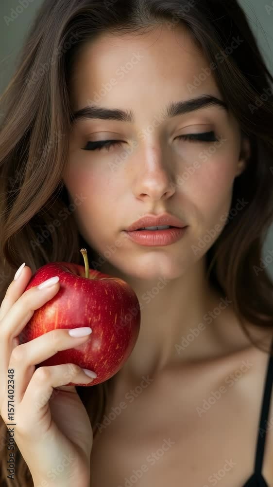 A young woman confidently holds a red apple while gazing directly at the camera, showcasing a fresh and healthy lifestyle. The neutral background highlights her natural beauty. A young woman confidently holds a red apple while gazing directly at the camera, showcasing a fresh and healthy lifestyle. The neutral background highlights her natural beauty.