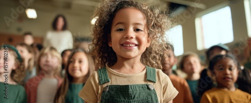 The joyful girl standing confidently among her classmates in a vibrant classroom setting.