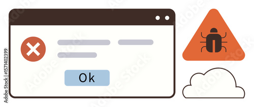 Error popup featuring cancel icon, Ok button, alert triangle with bug symbol, and cloud shape. Ideal for tech issues, debugging, cybersecurity, software errors, programming troubleshooting system