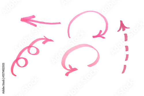 Set of Pink or purple arrow drawn by hand with marker isolated on white background