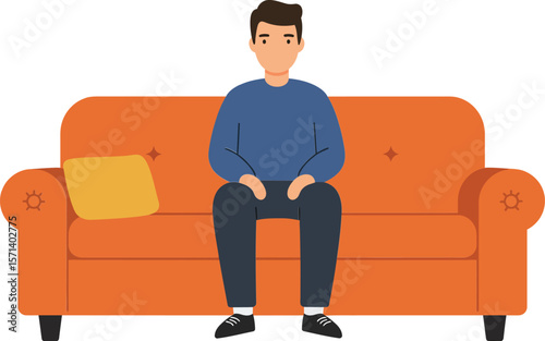 Young man sitting on orange sofa in casual outfit with blue top and black pants indoor lifestyle scene