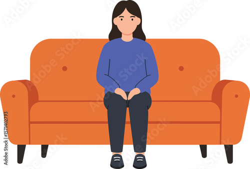 Woman sitting on orange sofa indoors casual relaxed posture simple background