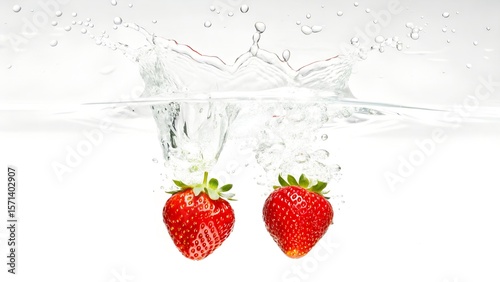 Two Fresh Strawberries Splashing into Water Creating a Vibrant and Refreshing Scene