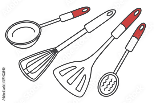 Illustration of kitchen utensils including a ladle a whisk a spatula and a skimmer with red accents