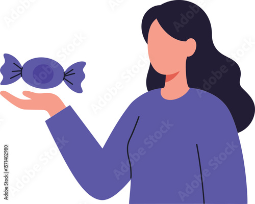Woman holding purple candy with long hair and casual outfit in minimal style illustration