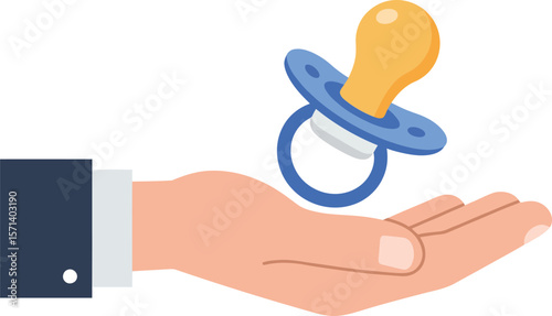Hand holding baby pacifier with orange nipple and blue handle symbolizing infant care and parenting support