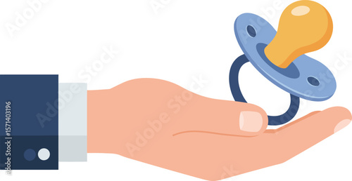 Hand holding baby pacifier with orange bulb and blue handle illustration for newborn care and parenting concept
