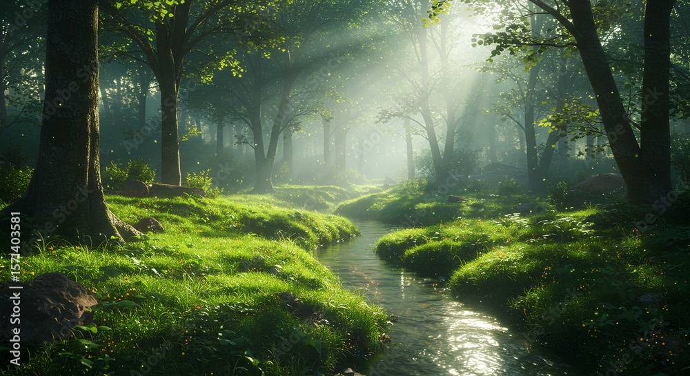 Fototapeta premium Serene Forest Stream in Morning Light 