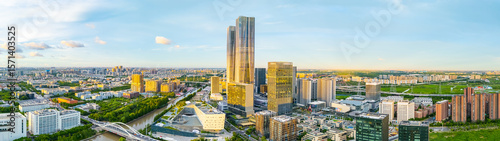 Panoramic aerial view of Shanghai Zhangjiang Hi Tech Development Zone at sunset.