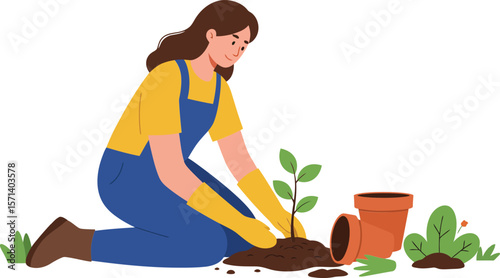Woman planting young green seedling in garden soil with flower pot and small plants gardening activity