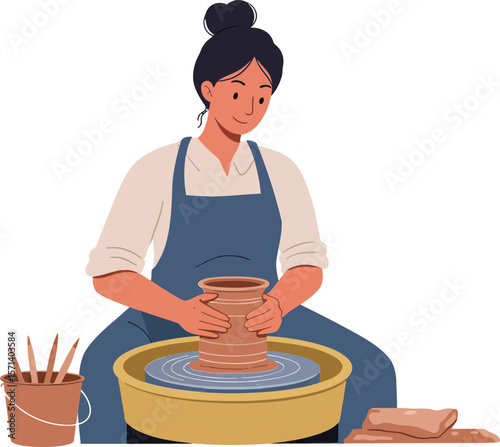 Woman crafting pottery on wheel in apron creating ceramic art with hands indoors