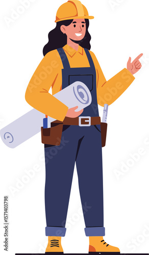 Female construction worker with blueprints and safety helmet pointing direction in yellow outfit and boots