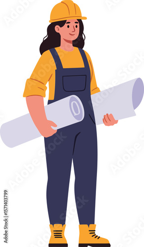 Female construction worker holding blueprints wearing helmet and overalls in standing pose