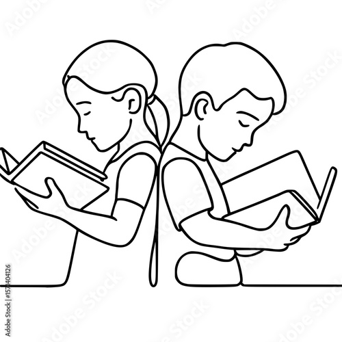 Kids Reading Books Back to Back Minimal Line Art
