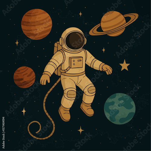 Cartoon astronaut woman on moon with stars