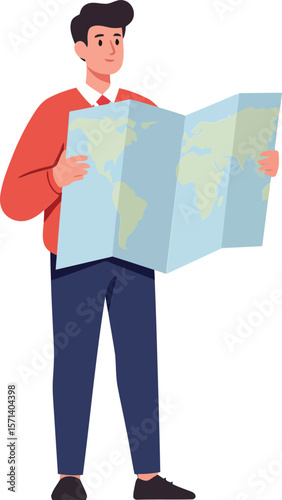 Man standing and reading map for navigation and travel planning with casual clothing and focused expression