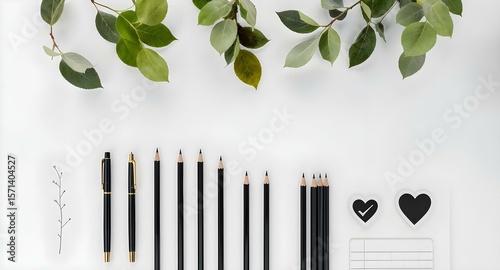 Top-Down View of Black Stationery including Pens, Pencils, and Notepad on White Background