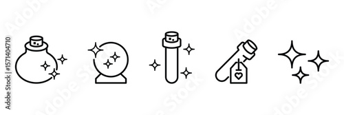 Magical potion crystal ball sparkle test tube elixir charm glitter enchantment symbol icon set vector illustration for fantasy design.