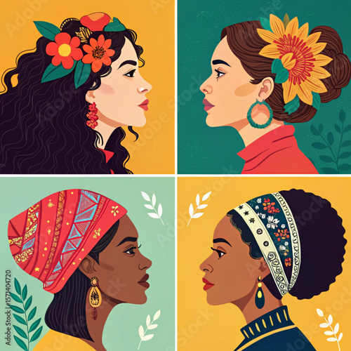 Vibrant Collage of Female Profiles in Bold Colors and Cultural Details — Empowering Celebration of Womanhood and Diversity in Flat Vector Style