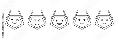 Friendly robot emoticon expression avatar icon set with antenna and smiling chatbot face in linear minimal style vector illustration.
