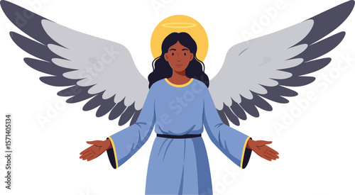 Angelic figure with outstretched arms and golden halo in blue robe with large gray wings illustration