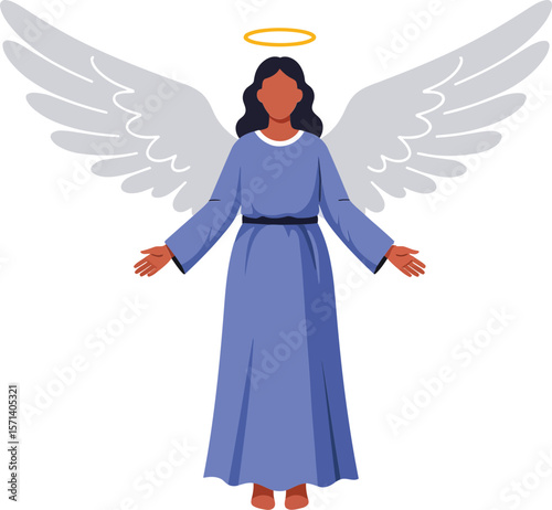 Angelic figure with blue robe and white wings floating with golden halo spiritual illustration