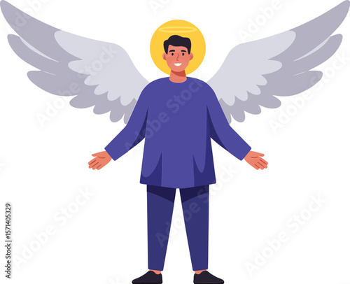 Angel figure with glowing halo and large white wings standing with open arms in blue clothing illustration