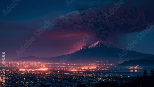 Dramatic Volcanic Eruption Over City at Night with Ash Plume