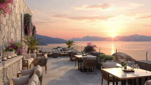 Luxury Resort Outdoor Dining and Lounge Area with Sunset Ocean View