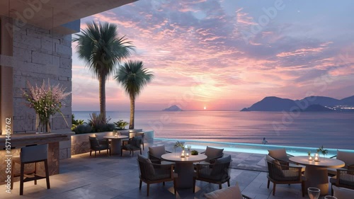 Luxury Resort Outdoor Dining and Lounge Area with Sunset Ocean View