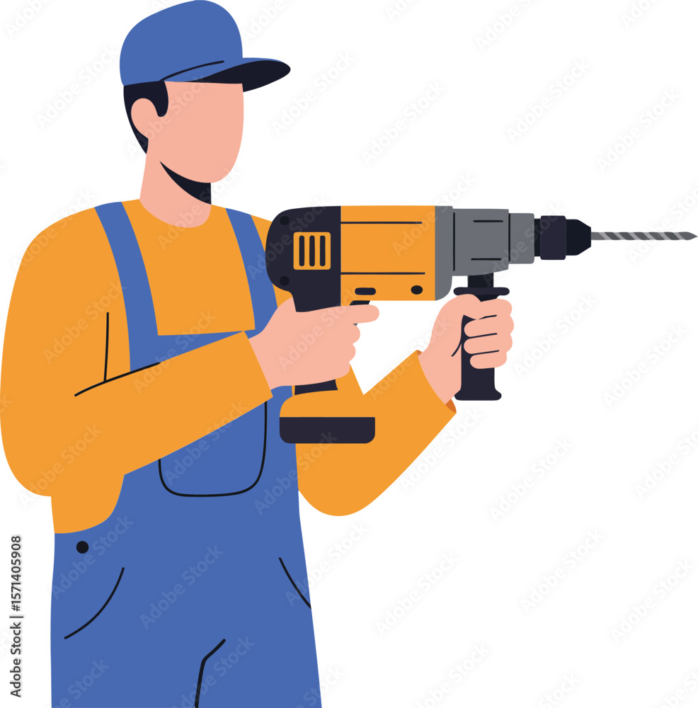 Construction worker using electric drill in blue overalls and orange shirt for building projects Construction worker using electric drill in blue overalls and orange shirt for building projects