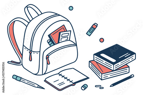 Illustration of a backpack with books notebook and stationery items scattered around on a white background