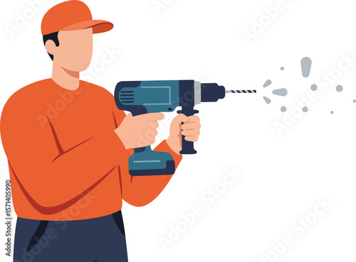 Construction worker using electric drill for home improvement and repair tasks in orange uniform and cap