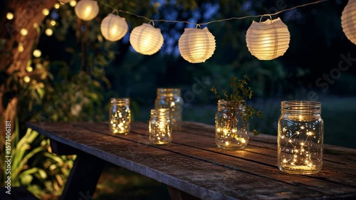 Cozy Outdoor Evening Ambiance with Glowing Fairy Lights and Paper Lanterns