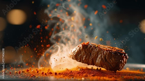 Sizzling Steak with Aromatic Spices and Rising Steam, Close-up